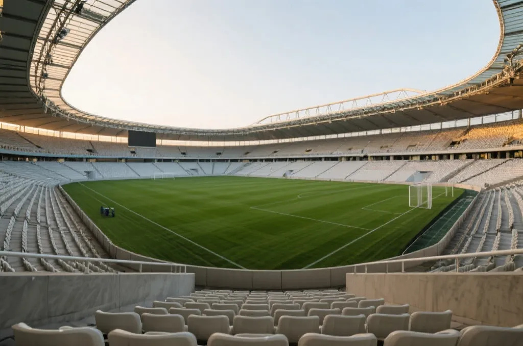 A wide-angle editorial shot of a modern, empty soccer stadium with green grass under soft evening light